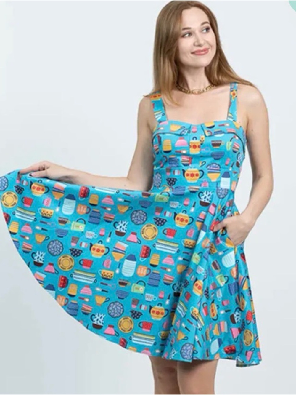 Eva Rose Sweetheart Dress Blue Kitchen Print Vintage Style Pocket Flare 1X pinup
